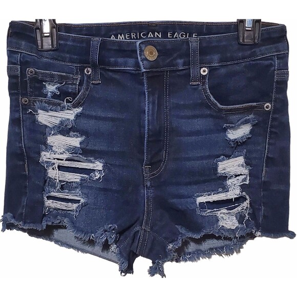 American Eagle Women' s Hi Rise Shortie Distressed Denim Jean Shorts Size 6, 28W - Picture 1 of 6